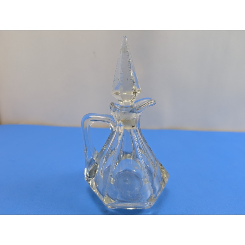Vintage Etched Glass Vinegar Oil Cruet with Stopper 7 inch Clear Cut Glass